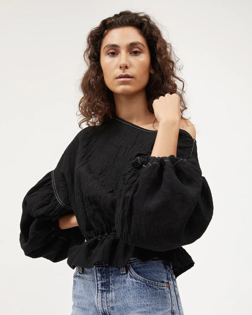 Dominique Healy - Anna Frill Blouse - Black Linen Contrast