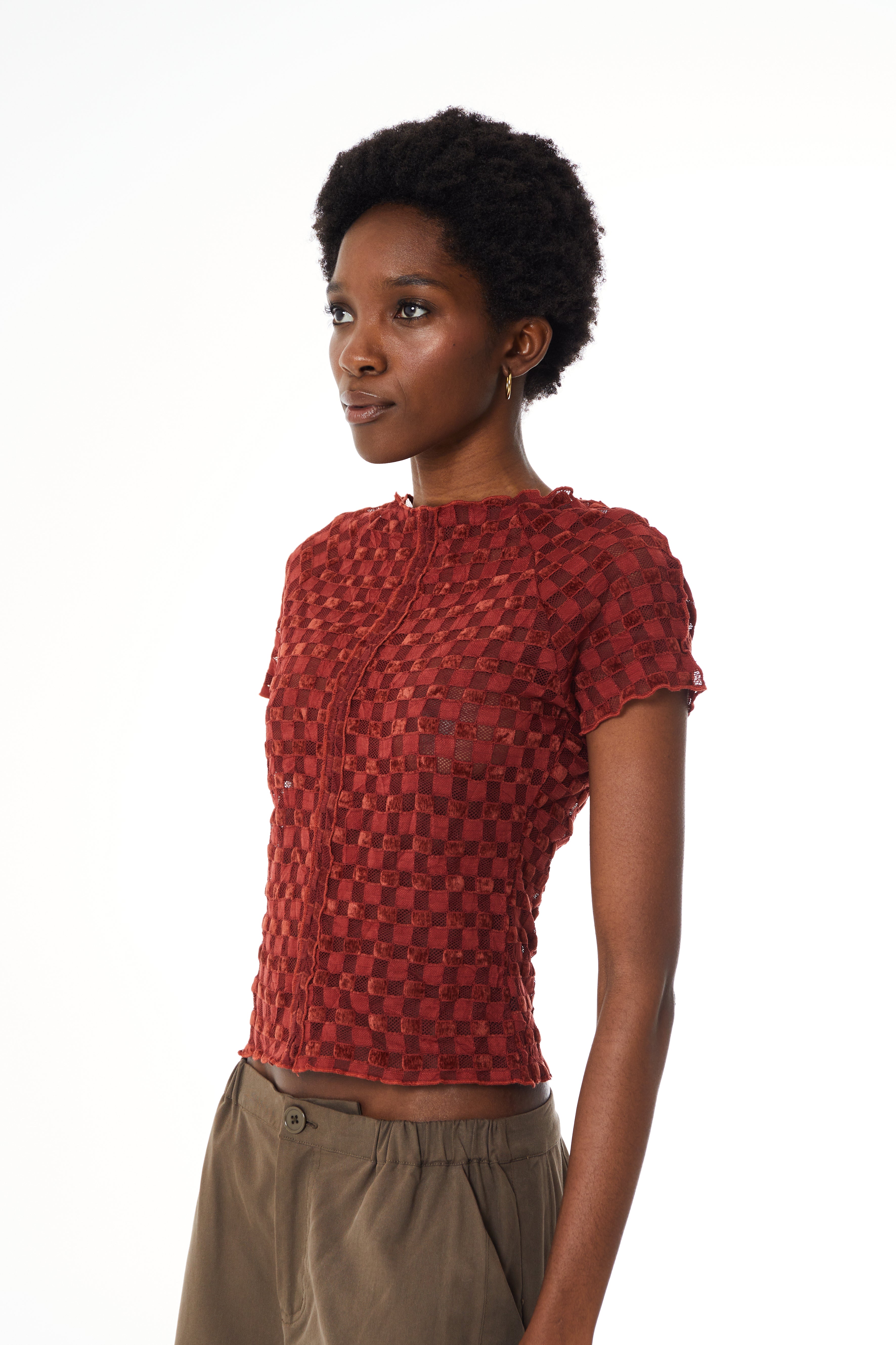 Find Me Now - Harmony Checkered Baby Tee - Intense Rust