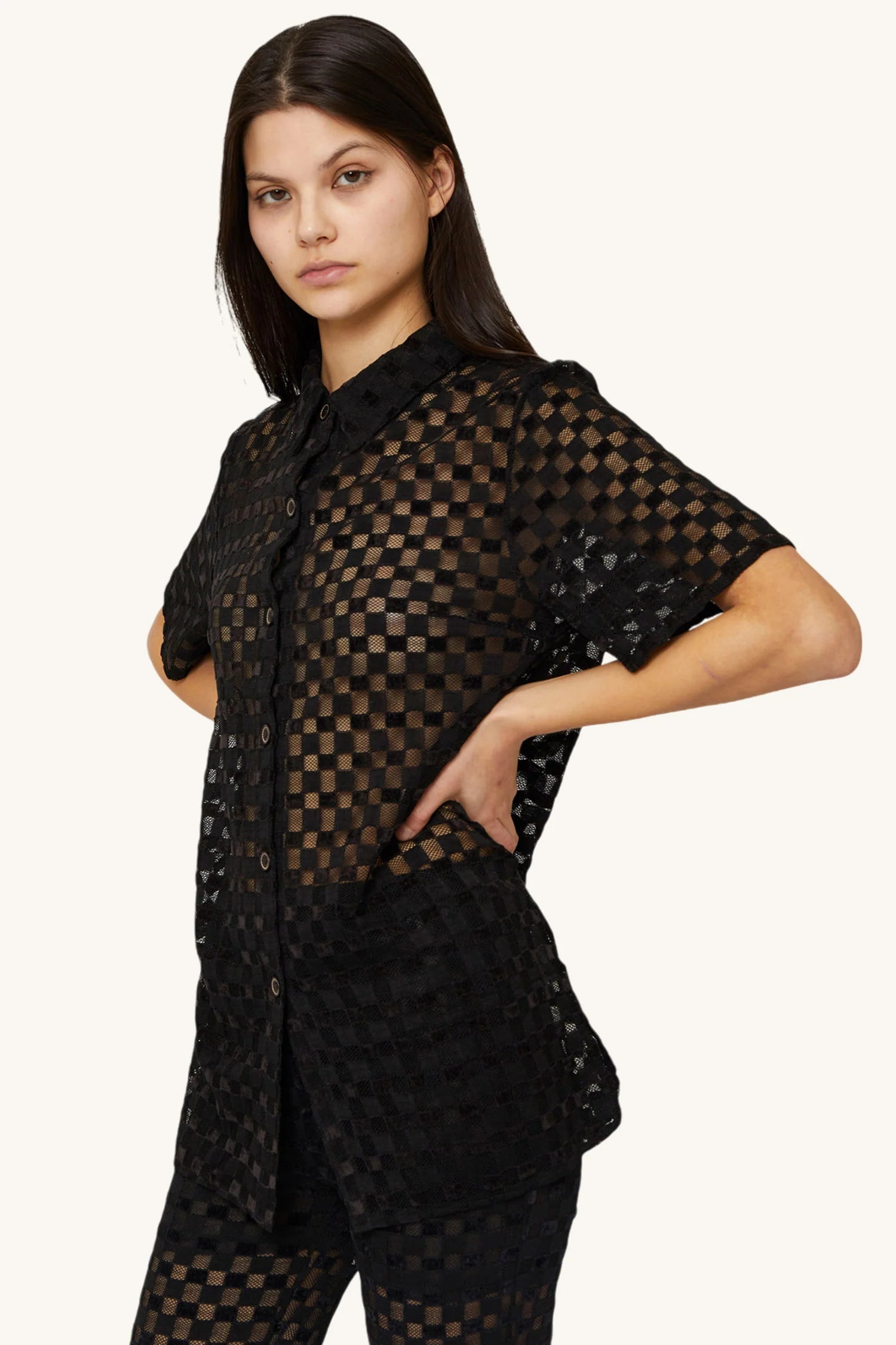 Find Me Now - Harmony Checkered Mesh Button Down - Black Harmony