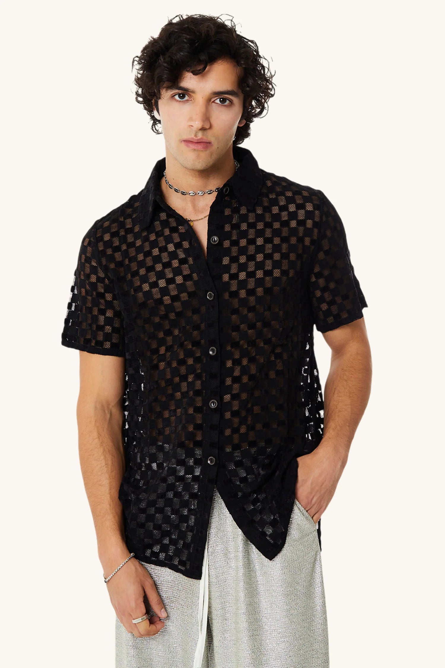 Find Me Now - Harmony Checkered Mesh Button Down - Black Harmony