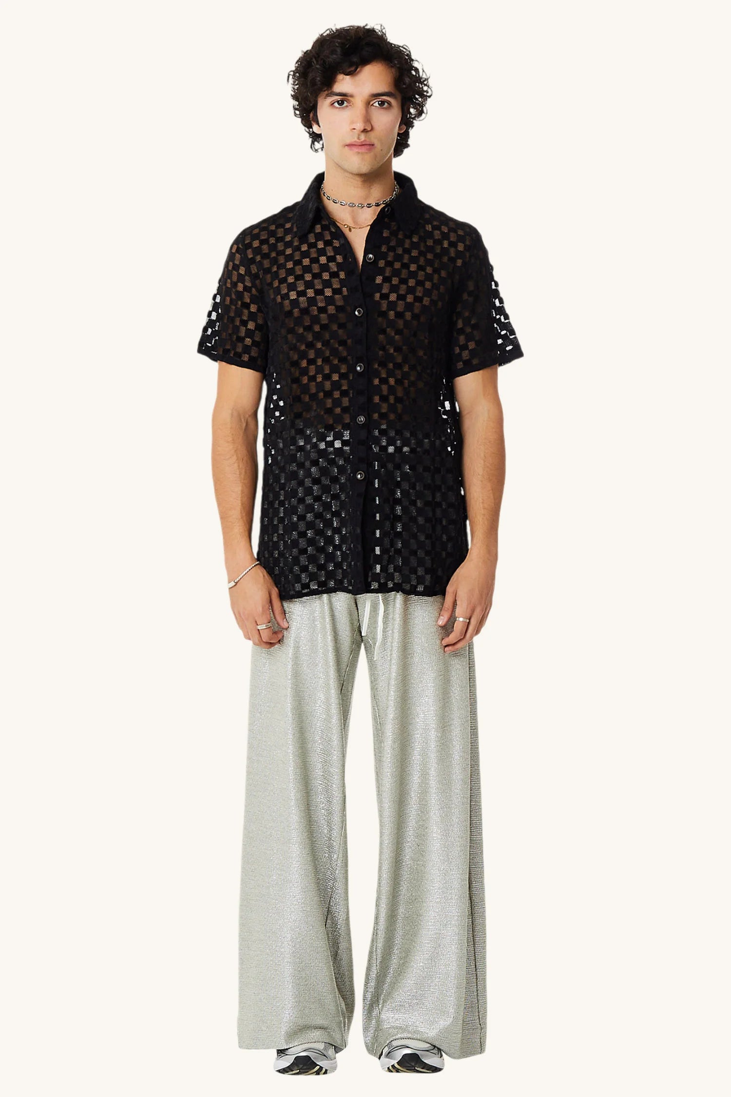 Find Me Now - Harmony Checkered Mesh Button Down - Black Harmony