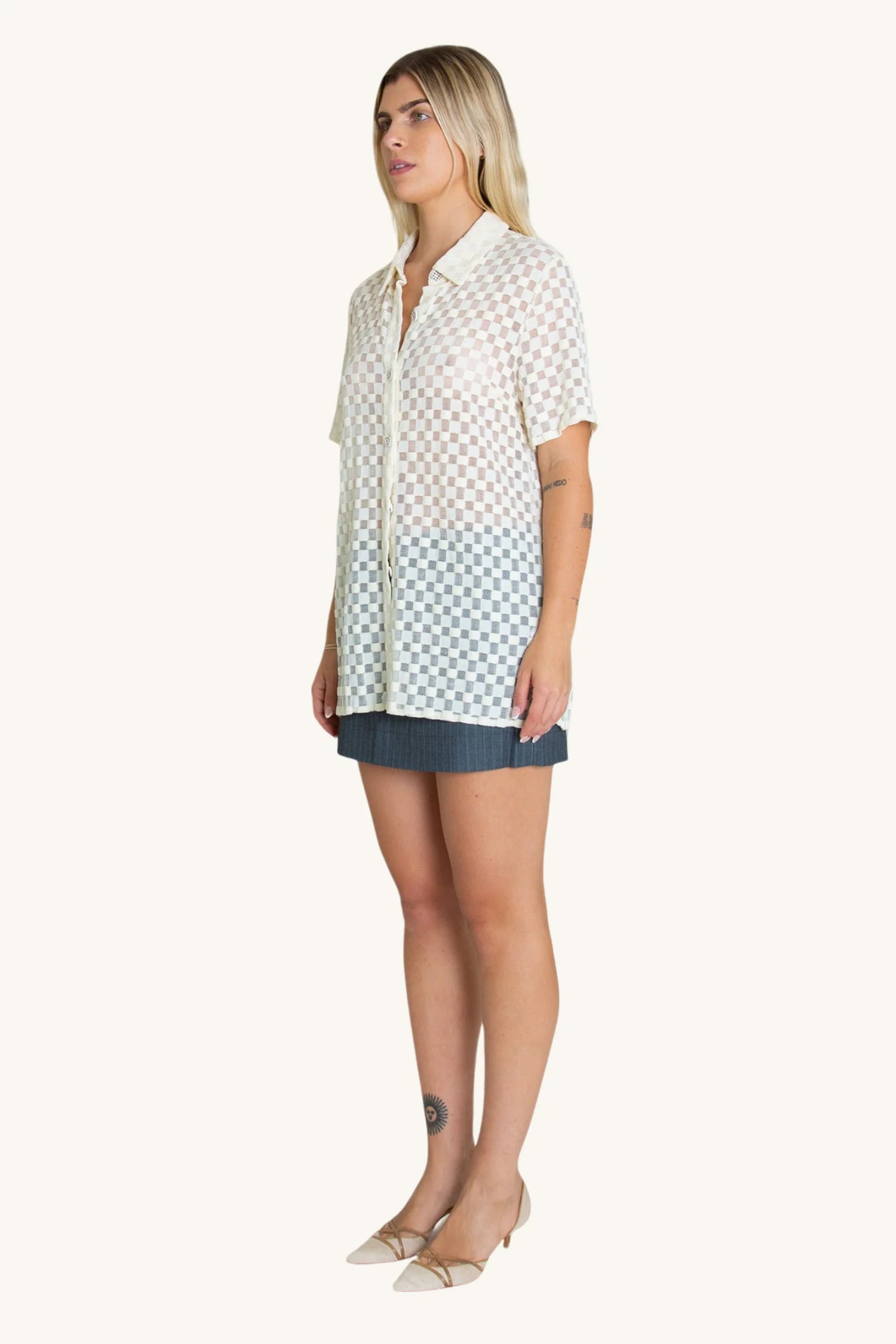 Find Me Now - Harmony Checkered Mesh Button Down - White Noise