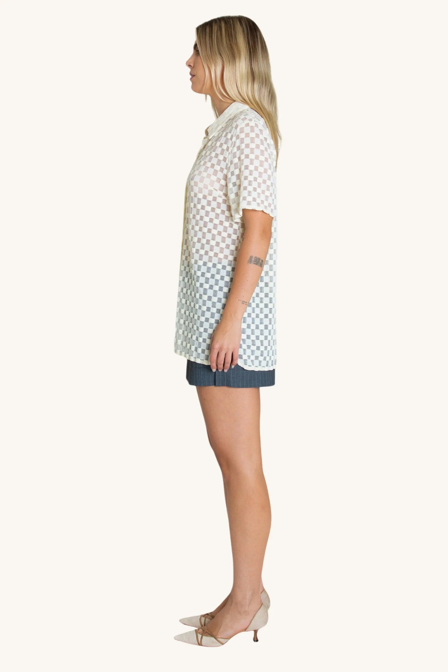 Find Me Now - Harmony Checkered Mesh Button Down - White Noise