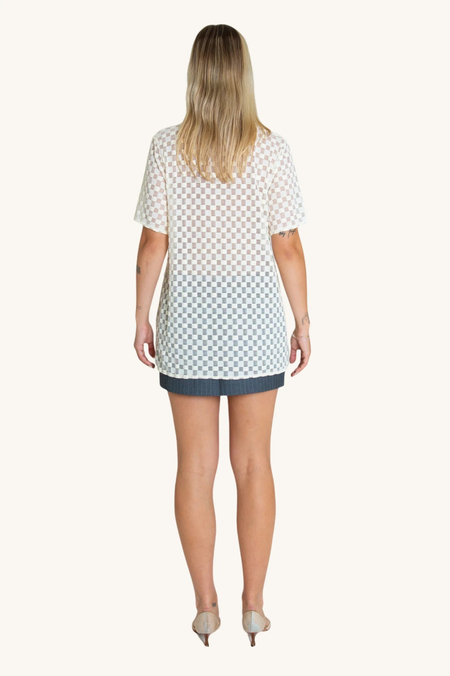 Find Me Now - Harmony Checkered Mesh Button Down - White Noise