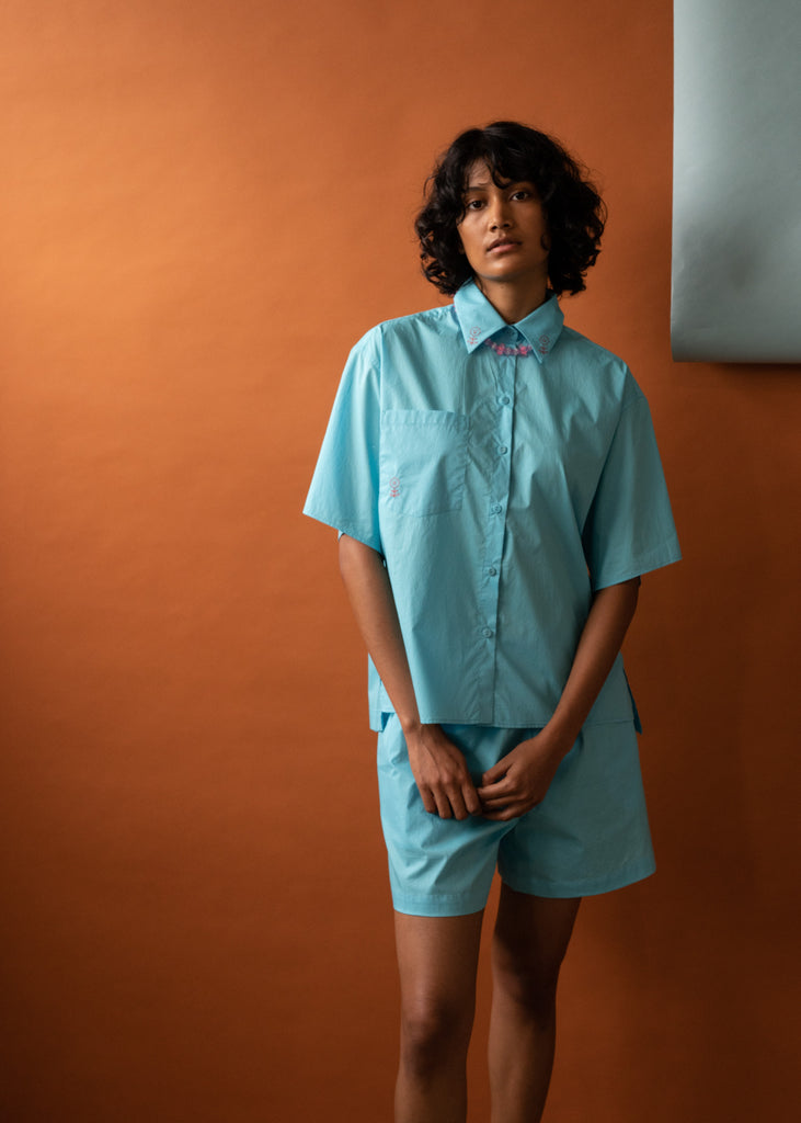 Penny Sage - Coastal Shirt  - Lagoon With Red Emroidery