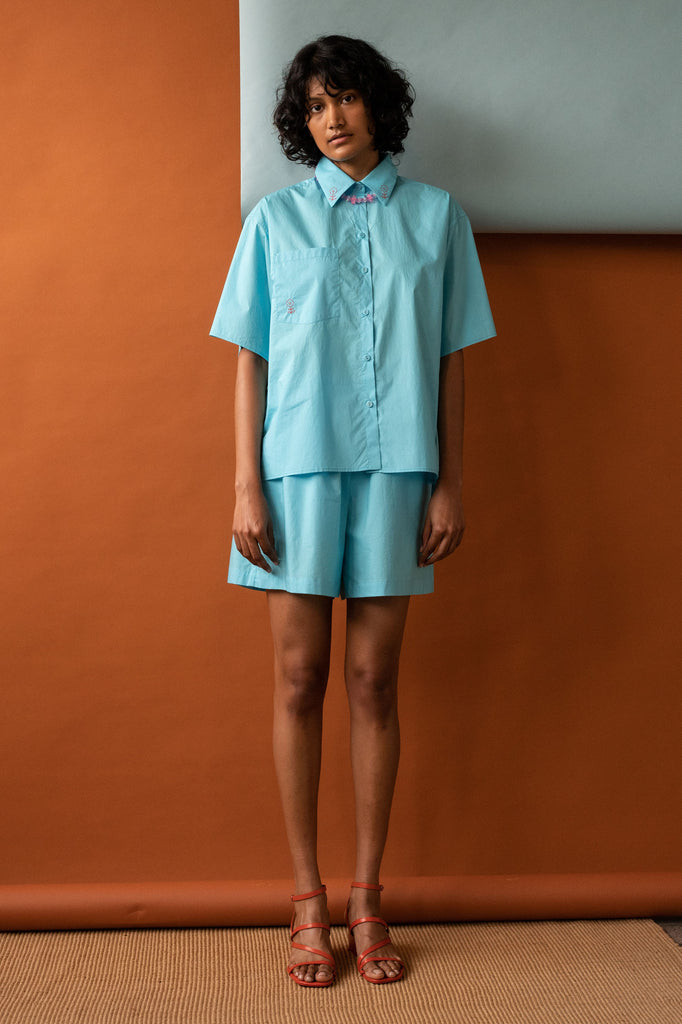 Penny Sage - Coastal Shirt  - Lagoon With Red Emroidery