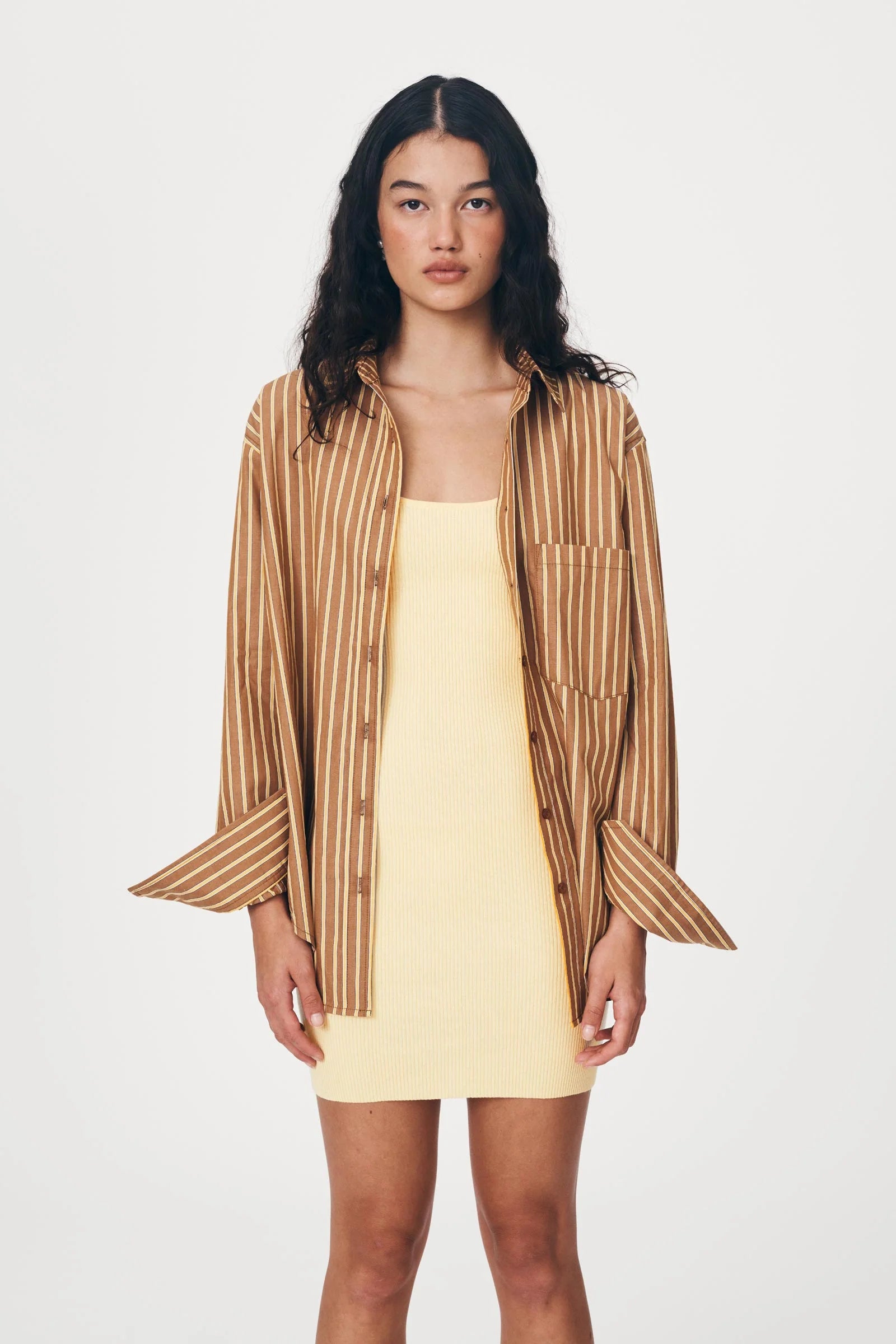 ROWIE - Ramona Stripe Long Sleeve Shirt - Tan Stripe