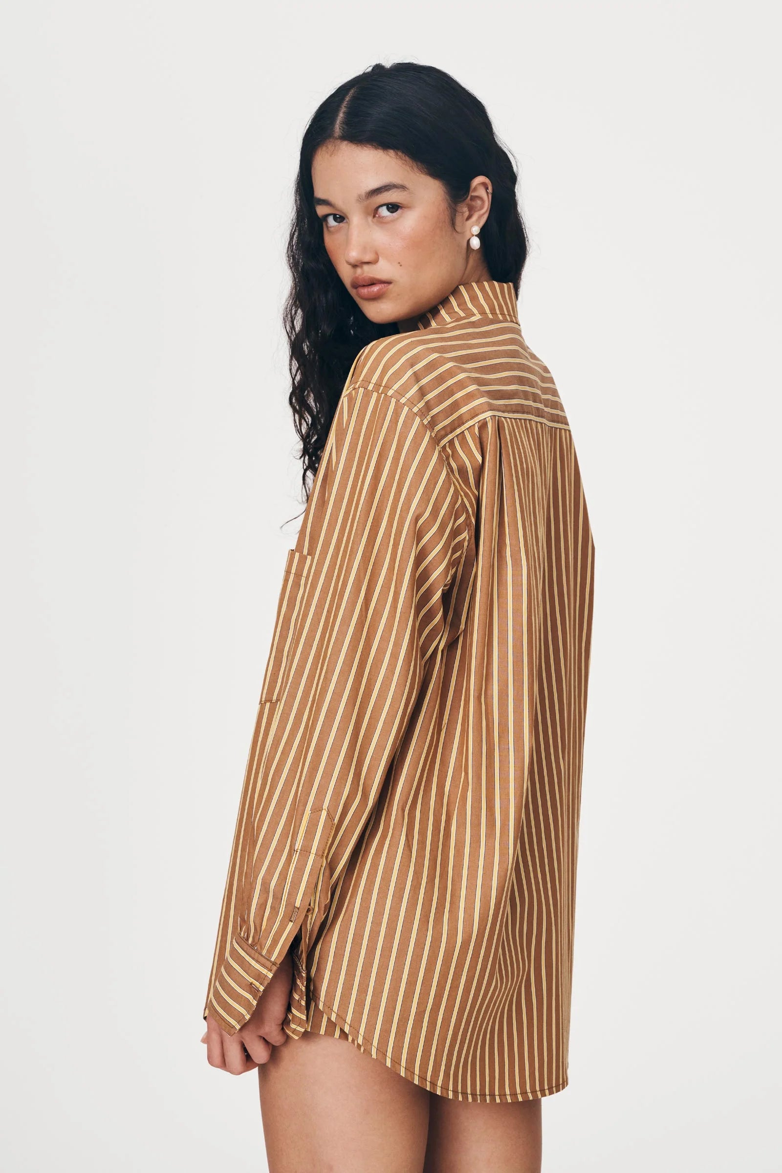 ROWIE - Ramona Stripe Long Sleeve Shirt - Tan Stripe