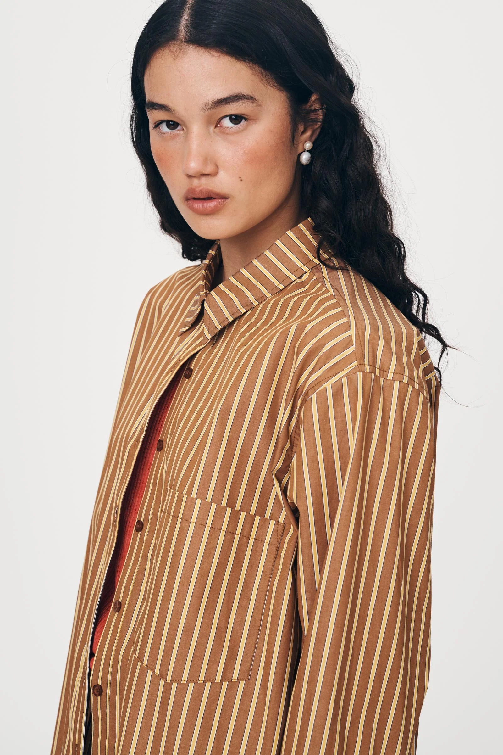 ROWIE - Ramona Stripe Long Sleeve Shirt - Tan Stripe