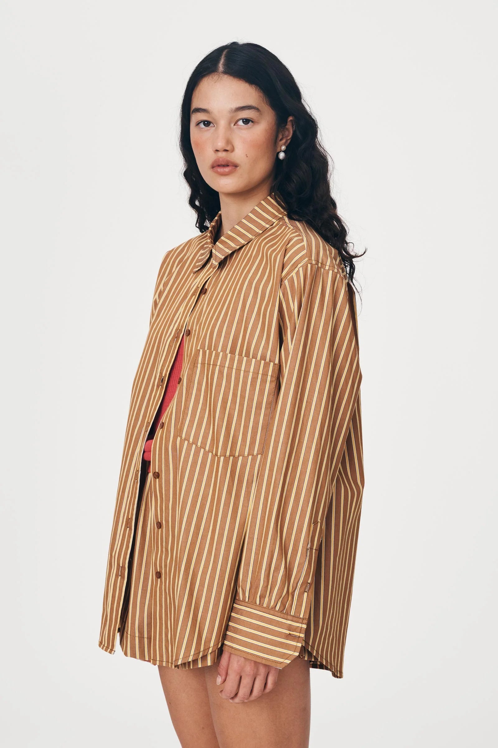 ROWIE - Ramona Stripe Long Sleeve Shirt - Tan Stripe