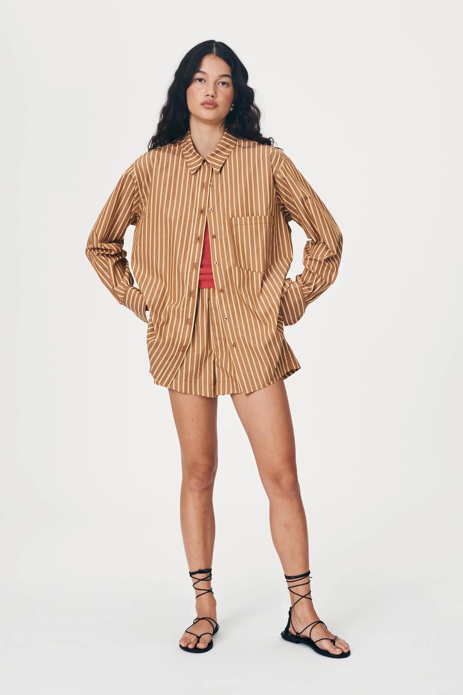 ROWIE - Ramona Stripe Long Sleeve Shirt - Tan Stripe