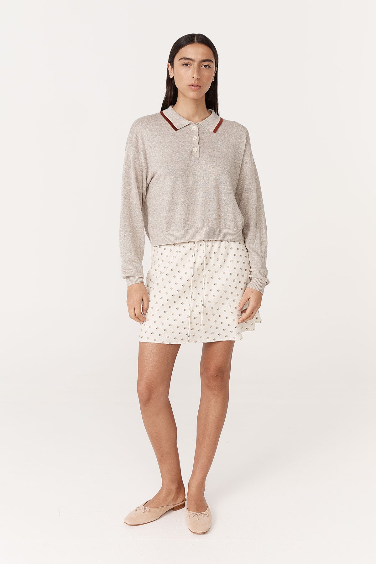 Rowie - Uma Linen Knit Polo Top - Oat Marle