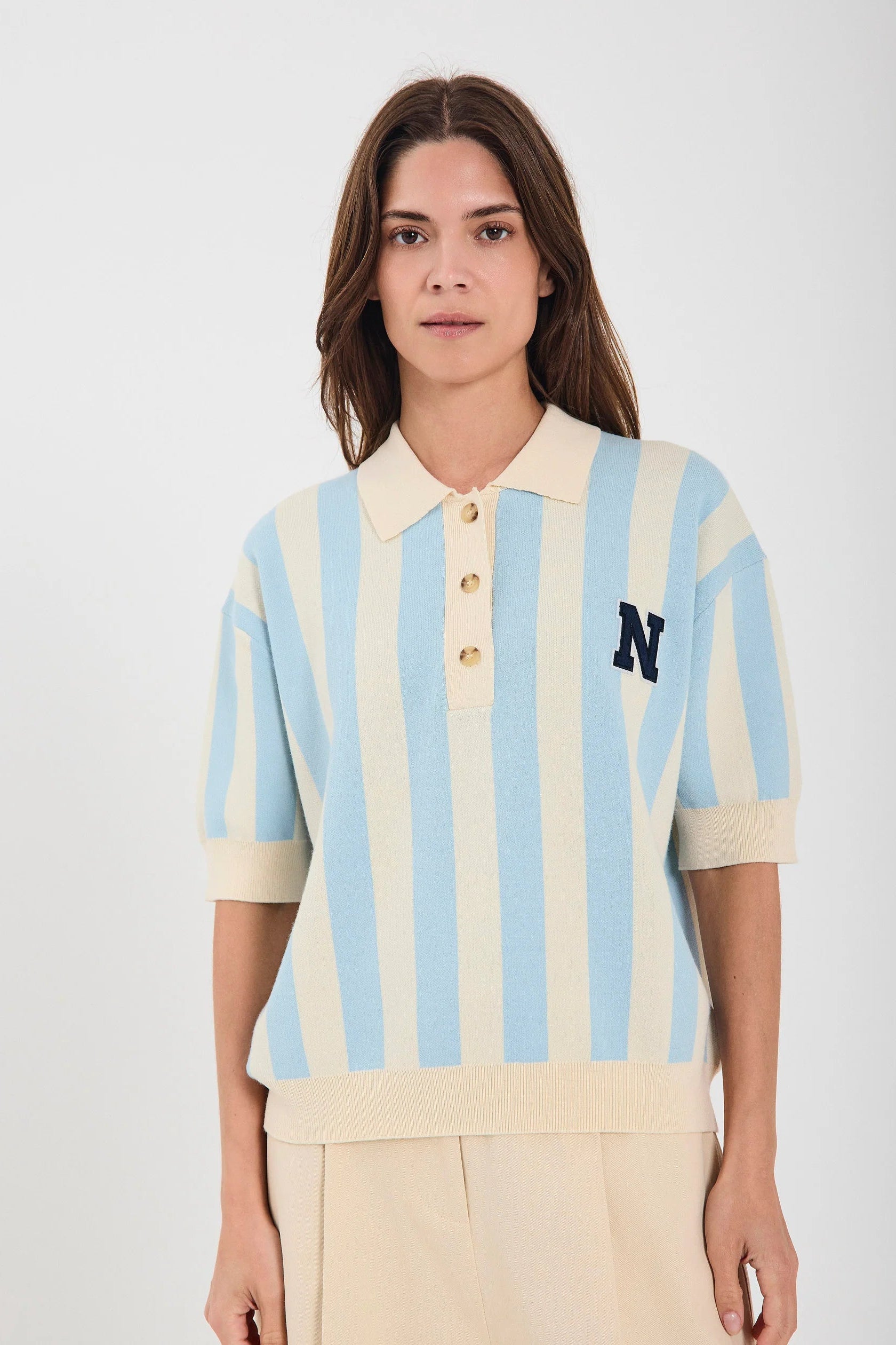 Norr - Varsity Knit Polo - Light Blue Stripe