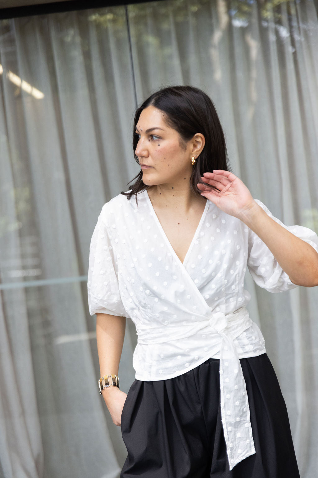 Annie - Maeve Wrap Blouse - White Embroidered Spot