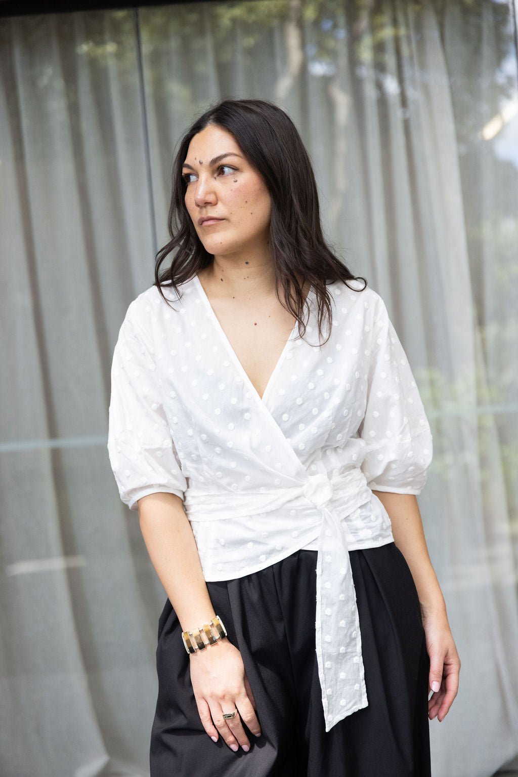 Annie - Maeve Wrap Blouse - White Embroidered Spot