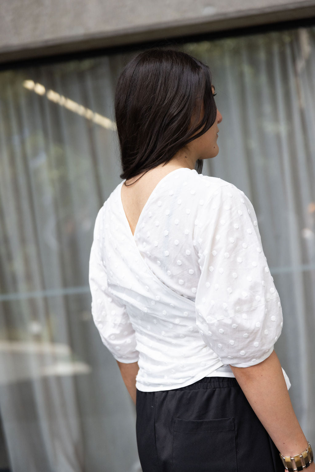 Annie - Maeve Wrap Blouse - White Embroidered Spot