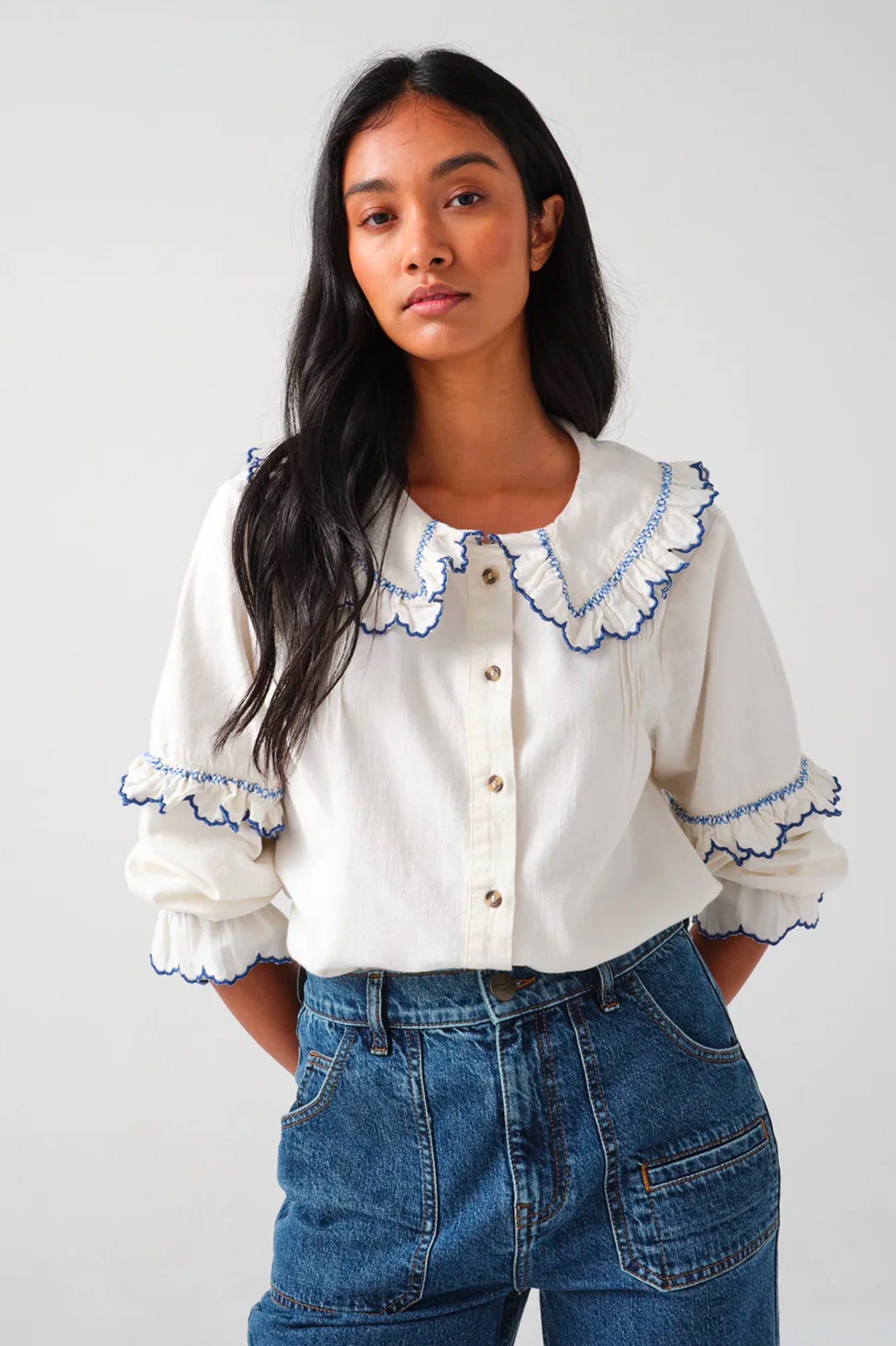 Seventy + Mochi - Phoebe Blouse - Ecru and Electric Blue Trim