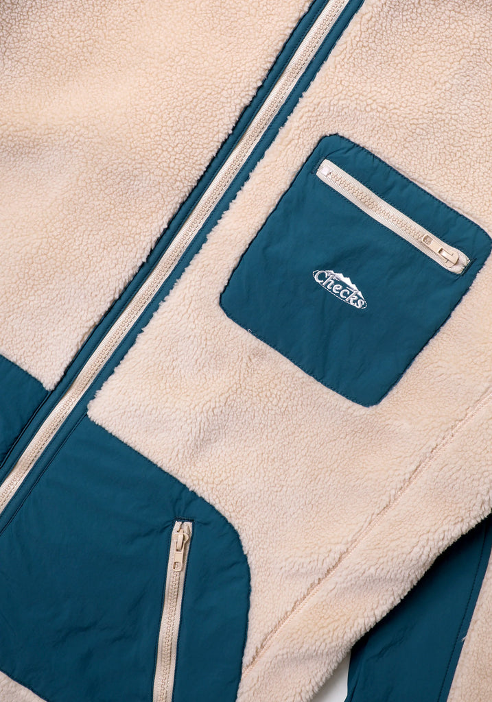 Checks - Hooded Boa Fleece - Beige/Dark Teal